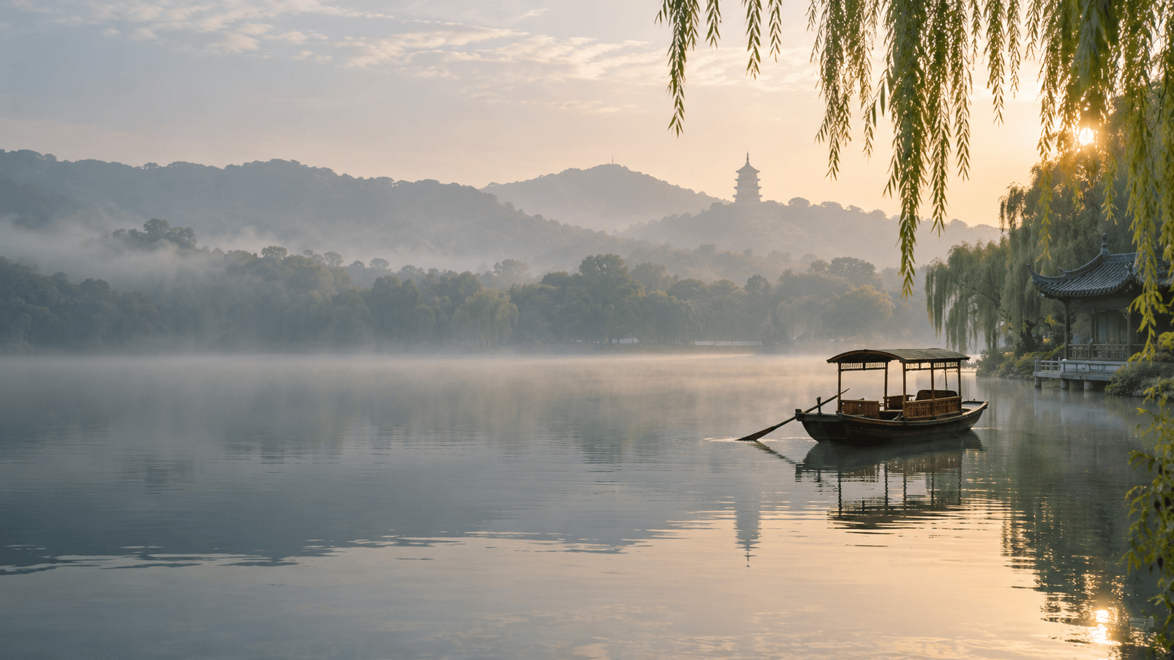 Conceptual editorial illustration of West Lake and green landscapes for Hangzhou