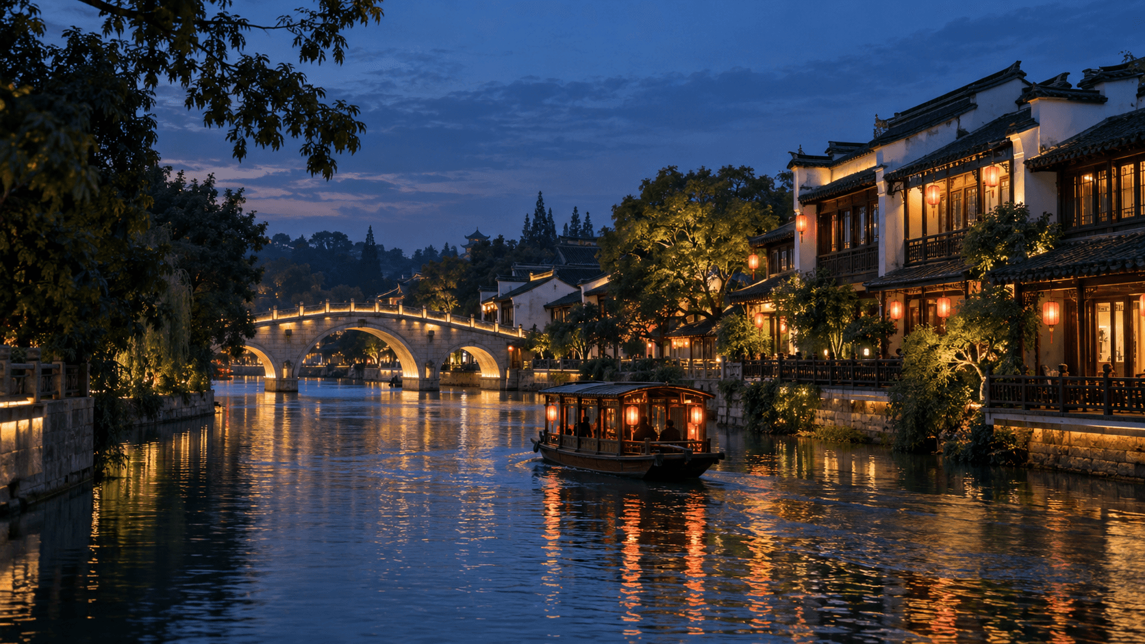 Conceptual editorial illustration of canals and classical architecture for Nanjing